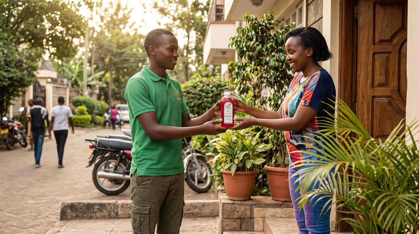JabaGraba delivery rider handing a fresh juice to a happy customer